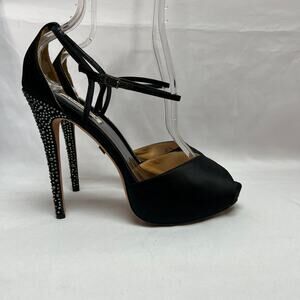 Badgley Mischka Violetta Satin Heels 9 Black Rhinestone Stiletto Formal Glam 5"